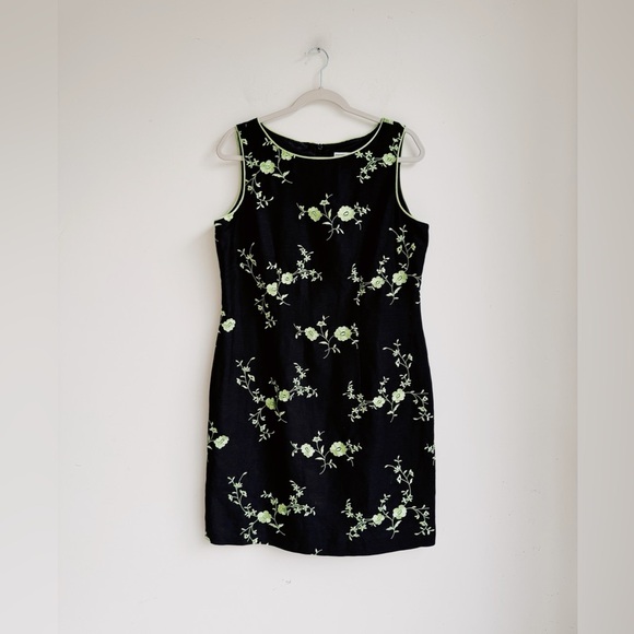 VINTAGE 90's JESSICA HOWARD PETITE Black and Green Linen Blend Floral Dress 14P - Picture 1 of 6
